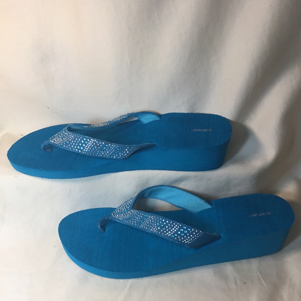 Avenue Bright Blue Rhinestone Wedge Flip Flop Sandals